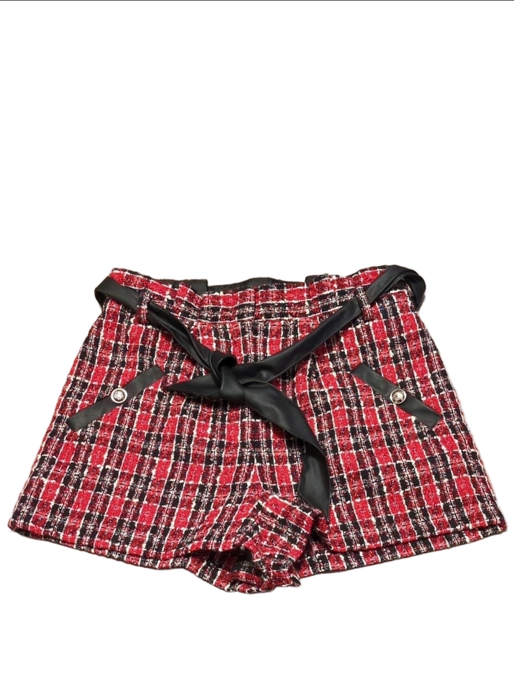 Venus Red Plaid Tweed Belted Shorts Size 12